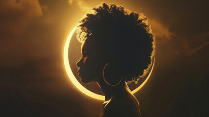 A black woman with a serene expression stands in profile against a dark sky the golden rays of the eclipse cascading around her figure. Her simple yet elegant dress blends seamlessly . - obrazy, fototapety, plakaty