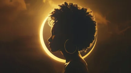 Foto op Canvas A black woman with a serene expression stands in profile against a dark sky the golden rays of the eclipse cascading around her figure. Her simple yet elegant dress blends seamlessly . © Justlight