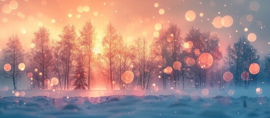 Breathtaking Bokeh Sunset Painting SnowCovered Trees with Fiery Hues - obrazy, fototapety, plakaty