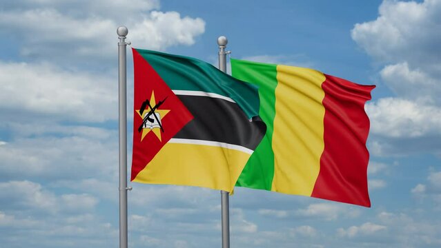 Mali and Mozambique flags waving together, looped video, two country relations concept