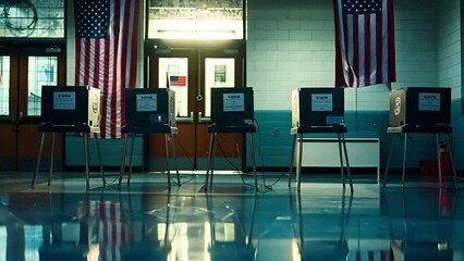 Pulling back from empty voting booths on desks flanked by American flags at an elementary school during the US election