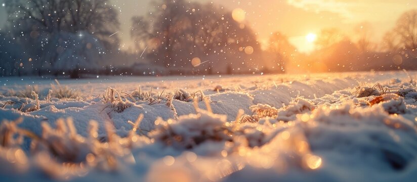 Breathtaking Snowcovered Countryside Sunset Glow in a Soft Bokeh Light Blur