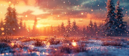Golden Sunset Bokeh Light Blur Illuminates Snowy Meadow with Majestic Trees
