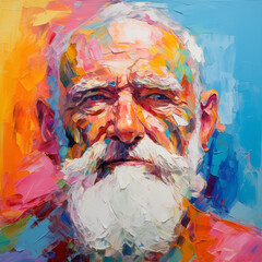Colorful and vibrant oil painting portrait of an elderly Caucasian man with a full white beard.