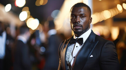 In a sleek black tuxedo a handsome black man exudes an air of elegance and sophistication as he walks the red carpet. His fashion choices pay homage to the powerful black stars who . - obrazy, fototapety, plakaty