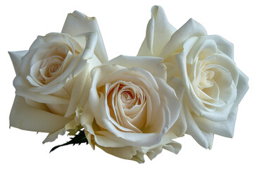 Three white roses are arranged in a row, cut out - stock png.