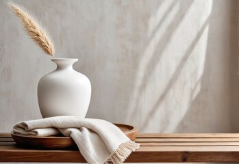Fototapeta na wymiar Modern white ceramic vase with dried Lagurus ovatus grass and marble tray in Scandinavian Interior.