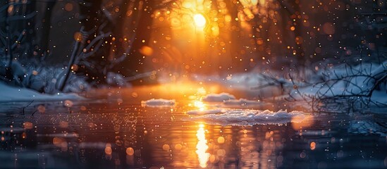 Enchanting Bokeh Sunset Illuminating Icy Pond During Winter Dusk