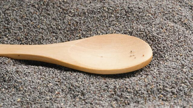 Poppy seeds spill out of the wooden spoon, forming a pile around it.