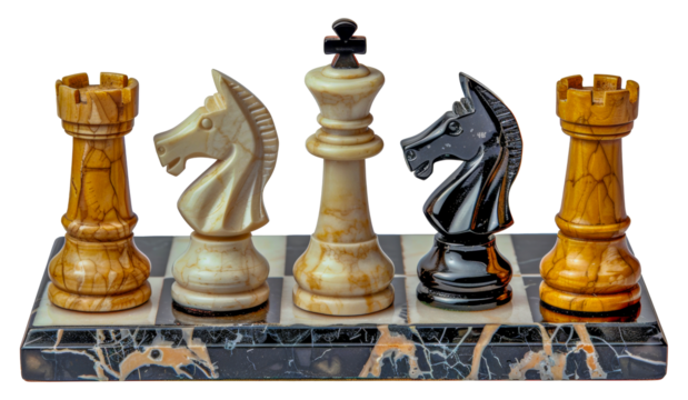 A chess set with a black and white king and four white pawns, cut out - stock png.