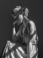 Classical statue of a woman in contemplative pose - This evocative image presents a classical statue of a woman deep in thought, the detailed carving highlighting her features in monochrome