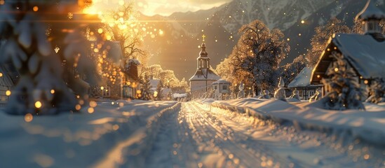 Bokeh Blurred Sunset Illuminating Snowy Village Square with Golden Light