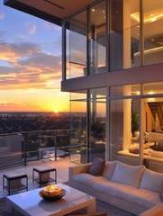 Fototapeta premium Elegant living space with a sunset city view - A high-rise apartment's inviting interior with a sunset over the cityscape offers a serene evening ambiance