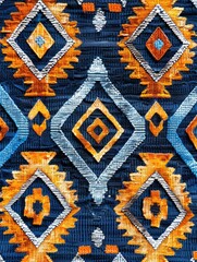 Vibrant traditional textile pattern close-up - A detailed photograph highlighting the intricate patterns and vibrant colors of a traditional textile fabric