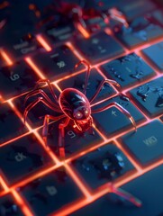 Red spider robot on illuminated keyboard - A close-up image depicts a spider robot with red lighting on a computer keyboard, representing concepts of hacking and cyber security