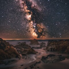 Milky Way over the rocky seaside landscape - The Milky Way galaxy stretches across the night sky above a rugged coastal scene with rolling waves