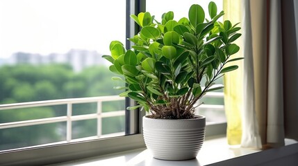 Zamioculcas Zamiifolia or ZZ Plant in white flower pot stand on the windowsill. Home plants care concept.