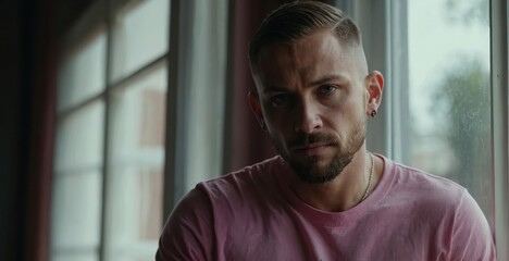 Obraz premium Calm man in pink t-shirt with tattoo on arms looking through window