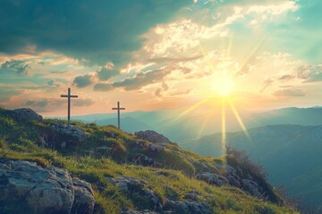 Sunset behind three crosses on a hill - Three rustic crosses stand atop a verdant hill, illuminated by a warm, radiant sunset against a dramatic sky