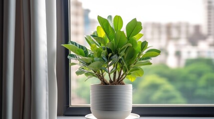 Zamioculcas Zamiifolia or ZZ Plant in white flower pot stand on the windowsill. Home plants care concept.