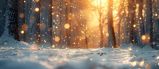 Tranquil Sunset Bokeh Light Blur Transforms Snowy Winter Forest into Magical Realm - obrazy, fototapety, plakaty