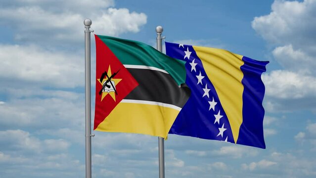 Mozambique and Bosnia and Herzegovina flags waving together, looped video