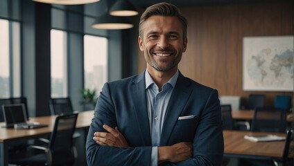 Businessman, arms crossed and portrait in office with smile for presentation or meeting with...