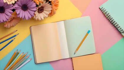 Books with bookmarks of flowers, pencils, notepads on the table, on a background of colored paper...