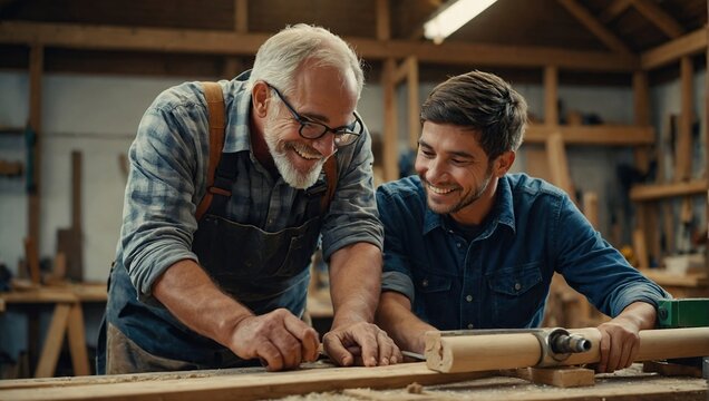 Carpenter, senior father and happy son in workshop, building and family business for construction, Architecture, apprentice and mentor with man, engineer and smile of creative people bonding together
