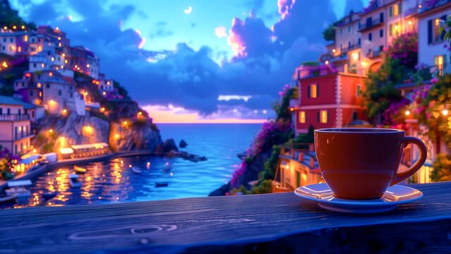 Summer vacation concept, warm coffee at the beach tourist spot. seamless looping 4k time-lapse animation video background