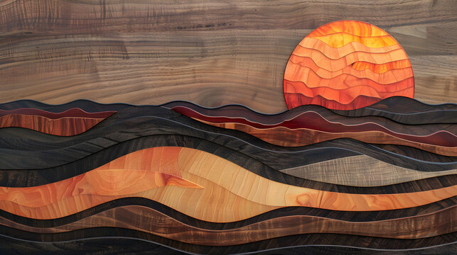 A wood carving of a beach with a sun in the sky. The sun is orange and the waves are brown