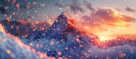 Warmth Embraces Winter Breathtaking Bokeh Sunset Over Snowy Mountain Peak - obrazy, fototapety, plakaty