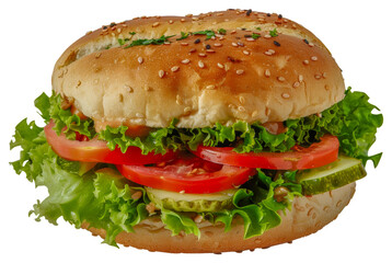 A large sandwich with lettuce, tomatoes, and pickles, cut out - stock png.