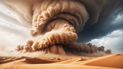 Massive unreal supercell sand storm rolling in over the desert dunes with a surreal force of nature, huge brown dust clouds obscuring the horizon. - obrazy, fototapety, plakaty