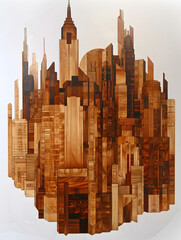 A city made of wood blocks with a skyscraper in the middle
