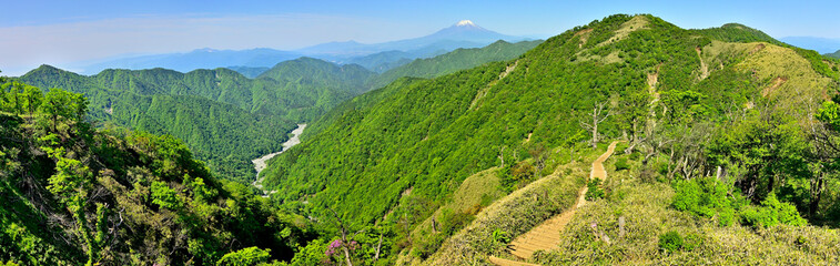 丹沢山地の丹沢山より富士山を望むパノラマ写真
