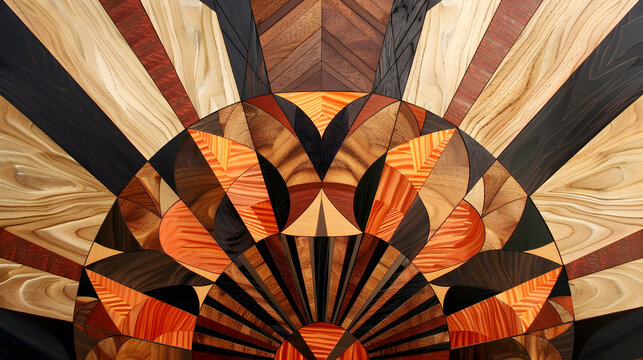 A wood grain patterned floor with a sunburst design. The floor is made of wood and has a variety of colors and shapes