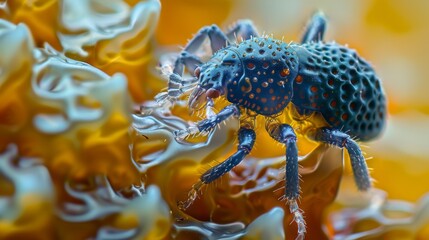 A closeup image of a parasitic mite on the surface of a beetles exoskeleton showcasing the intricate patterns and structures of the
