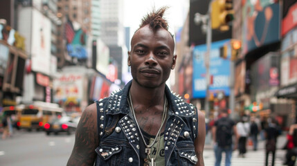 A black man with a bleached buzz and a studded denim vest stands confidently on a city street the chaos and noise of the city around him reflecting the punk subcultures rejection of .