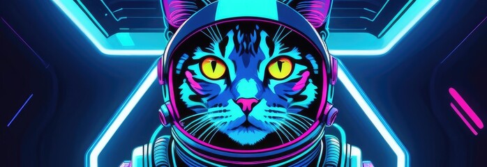 Cat astronaut in a spacesuit and astronaut helmet close-up in neon light. Space flight concept