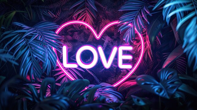 A neon sign with the word LOVE and a heart in a dark green tropical leaf. Bright pink and blue neon glow. Generative AI