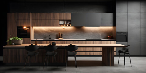  Modern and contemporary kitchen design with LED light and sleek design black kitchen with wooden flooring, black cupboards, bar, stools, and a lamp, situated near a window for modern interior design  - obrazy, fototapety, plakaty