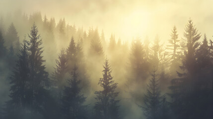 A forest with foggy trees and a sun in the sky. The sun is shining through the trees, creating a...