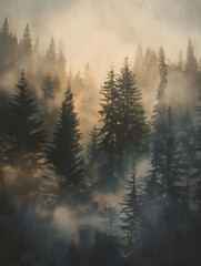 A dense forest with a foggy atmosphere. The trees are tall and spread out, creating a sense of depth and mystery. The fog adds an ethereal quality to the scene, making it feel almost otherworldly