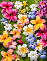 Wonderful close-up portrait image of fresh plumeria daisy cosmos and periwinkle flowers