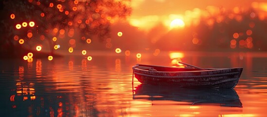 Tranquil D Clay Sunset A Lone Boat Drifts on a Serene Lake with Bokeh Lights - obrazy, fototapety, plakaty