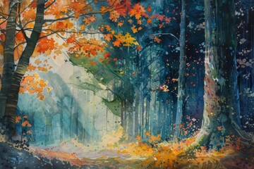 Watercolor autumn forest with warm tones - A vibrant watercolor painting of an autumn forest scene, capturing the essence of fall with warm colors - obrazy, fototapety, plakaty