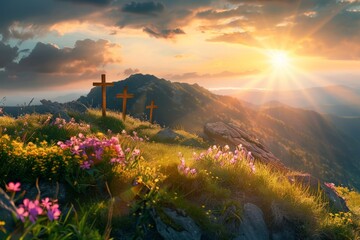 Sunset bathes mountain crosses in divine light - A tranquil mountain scene with crosses illuminated by a setting sun, invoking a sense of peace and holiness - obrazy, fototapety, plakaty