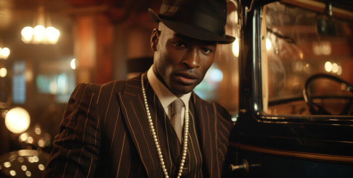 In a dimlylit lounge a dapper black man leans against a vintage car his tailored suit and bowler hat evoking the suave style of the roaring twenties. A long string of pearls hangs .