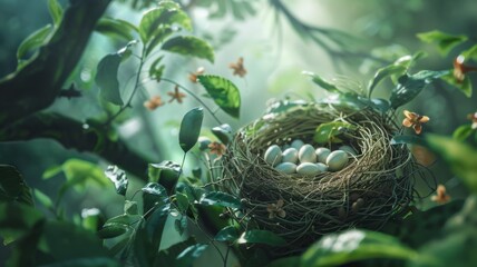 Fototapeta premium Lush greenery enveloping bird's nest - The tranquil beauty of a bird's nest cradled in the lush embrace of a verdant forest